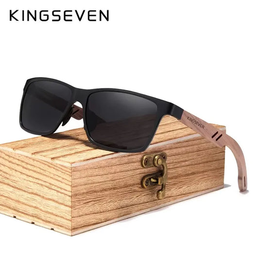 KINGSEVEN Vintage Polarized Men Wooden Sunglasses Wood UV400 Protection Fashion Square Sun Glasses Women Gafas De sol Black WoodenBox