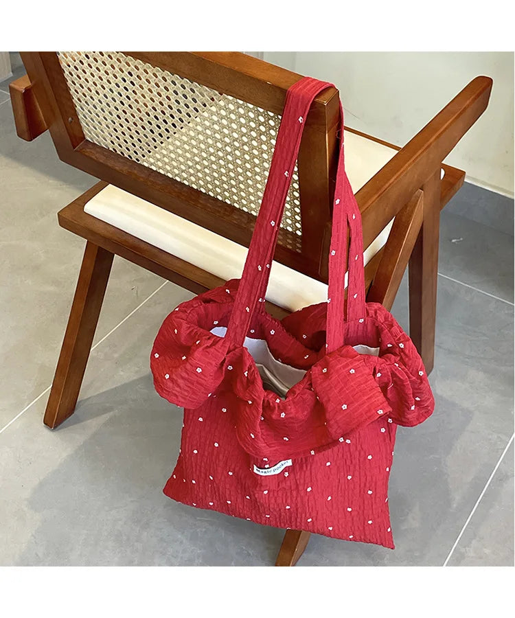 All-match Wave Point Chiffon Shoulder Bag Large Capacity Fairy Mesh Handbag Commuting Bag Korean Style Tote Bag Women red