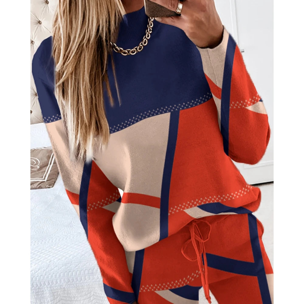 Women Casual Two Piece Sets Fashion Geometric Print O-Neck Long Sleeve Tops and Drawstring Pencil Pants Sets Office Lady Outfits Badiee Stylez
