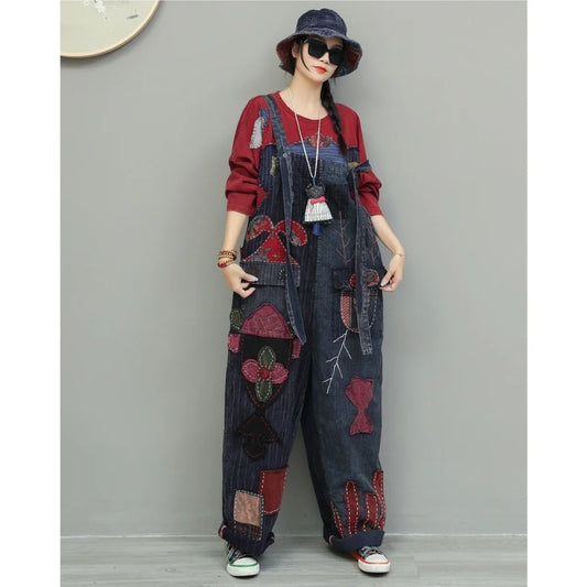 Hand Embroidery Old Cloth Patchwork Wide Leg Strap Long Pants Women Autumn Loose High Waist Jumpsuit LX4343 Badiee Stylez