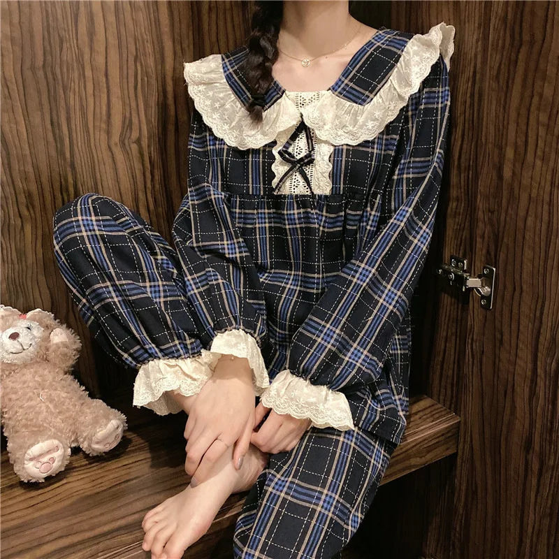 Spring and Autumn New Women's Pajamas Homewear Suit Female Court Style Doll Collar Japanese Girl Plaid Autumn and Winter Homewea