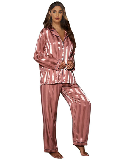 Stripe Long Sleeve Trouser Pijamas Suit Women 2PCS Pajamas Set Sleepwear Spring Summer Satin Nightwear Loose Homewear Loungewear