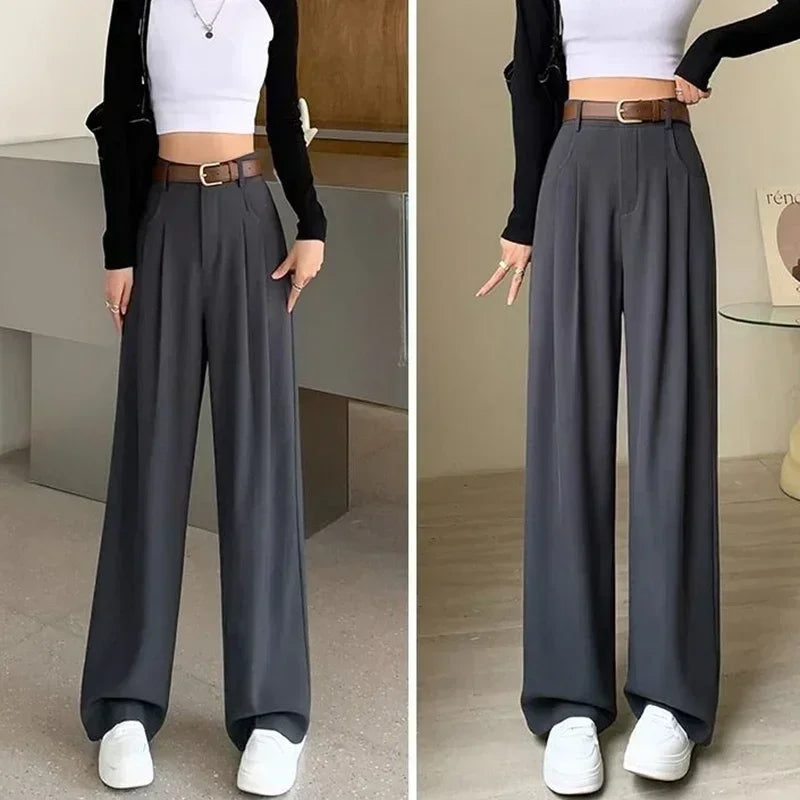Women Fashion Suit Pants Lady Breathable Baggy High Waist Wide Leg Summer Trousers Lady Straight Leg Black Coffee Classic Pants Badiee Stylez