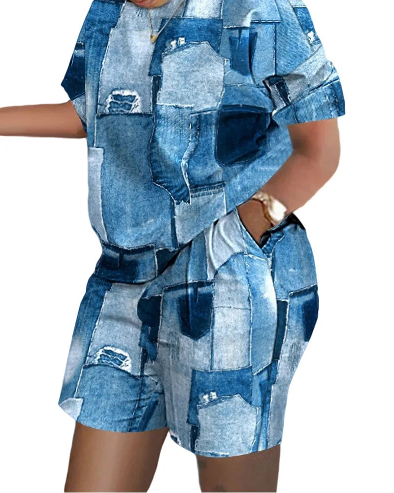Women Casual Short Sleeve Outfit 2024 Summer Fashion Letter Printed O Neck Pocket Suit Female T Shirt Top Shorts Two Pieces Set 1