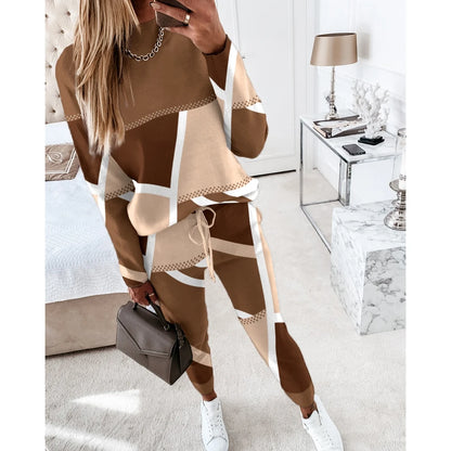 Women Casual Two Piece Sets Fashion Geometric Print O-Neck Long Sleeve Tops and Drawstring Pencil Pants Sets Office Lady Outfits Badiee Stylez