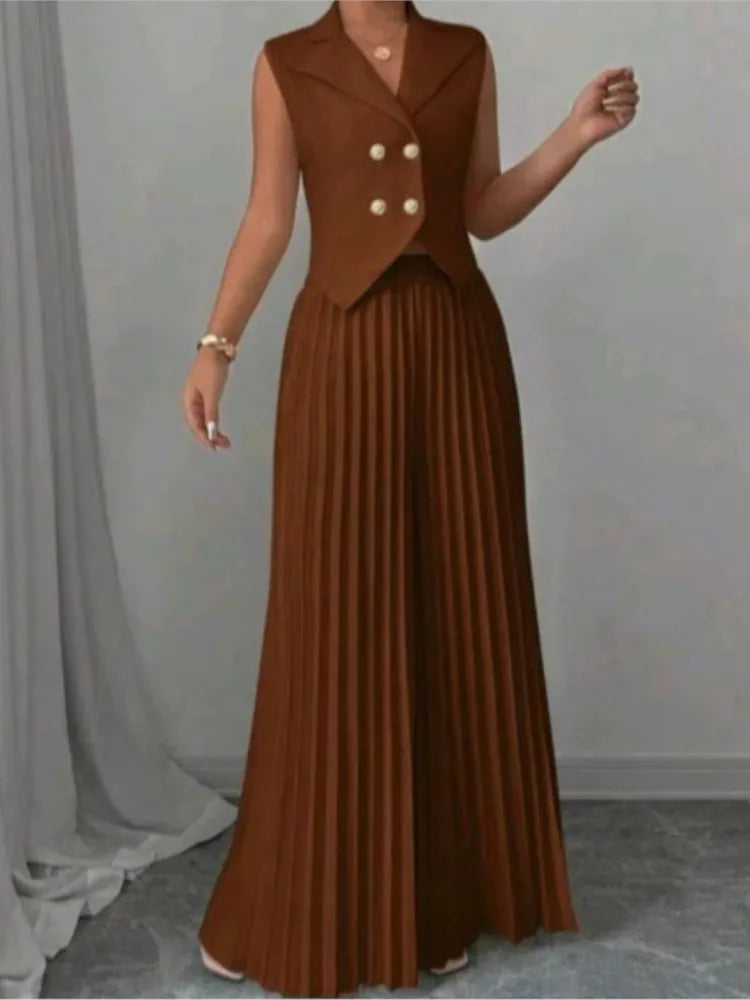 Women Fashion Solid Office Suit Casual Slim Button Two Piece Set Elegant Turn Down Collar Sleeveless Blazer&Pleat Pants Outfits