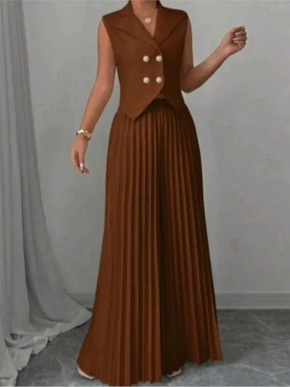 Women Fashion Solid Office Suit Casual Slim Button Two Piece Set Elegant Turn Down Collar Sleeveless Blazer&Pleat Pants Outfits