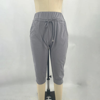 Classic Solid Color Jogging Pants Women Cotton Linen Capris Trousers Bandage Double Pocket Pants Summer Beach Vacation Wear
