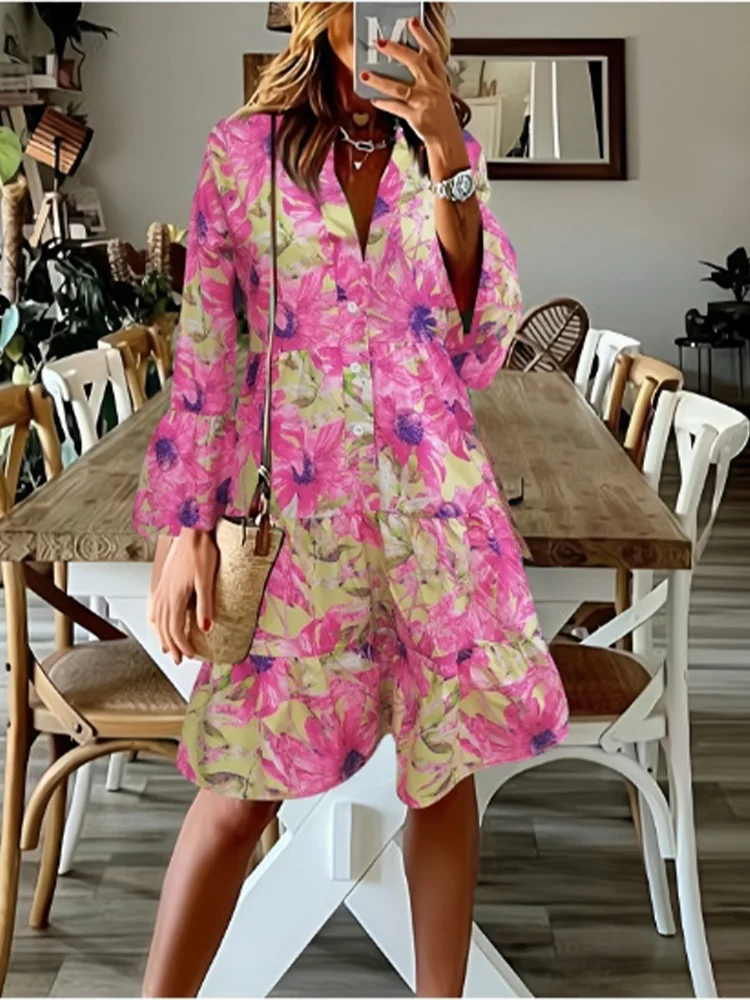 Spring Geometric Print Horn Long Sleeved V-neck Color Blocked Dress Women's High Waist Loose Casual Dresses