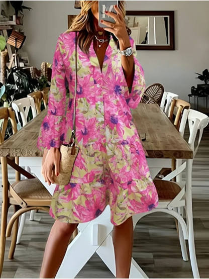 Spring Geometric Print Horn Long Sleeved V-neck Color Blocked Dress Women's High Waist Loose Casual Dresses