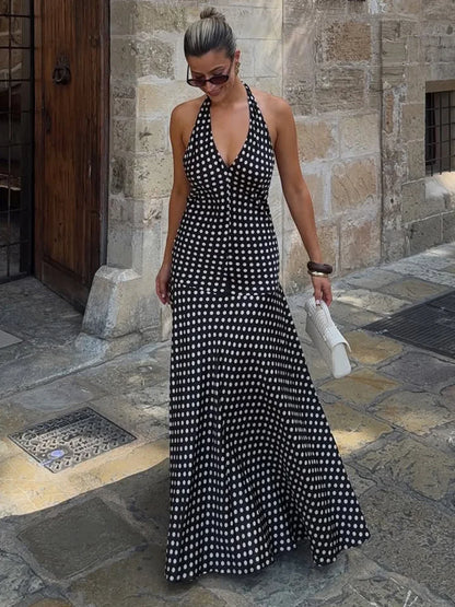 Trendix Polka Dot Print Backless Dress Women Summer Sexy Deep V Neck Sleeveless Off Shoulder Maxi Dresses Elegant Evneing Dress