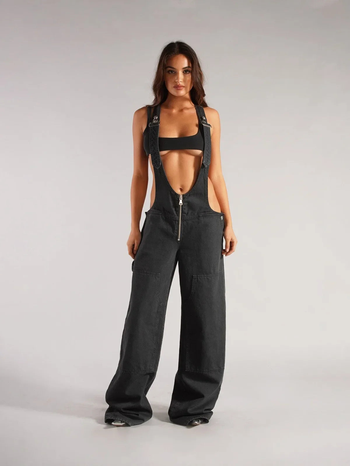 Jumpsuits Women Jeans Overalls Sexy Backless Vintage Full Length Denim Straight Pants Loose Pockets Distressed Washed Casual black