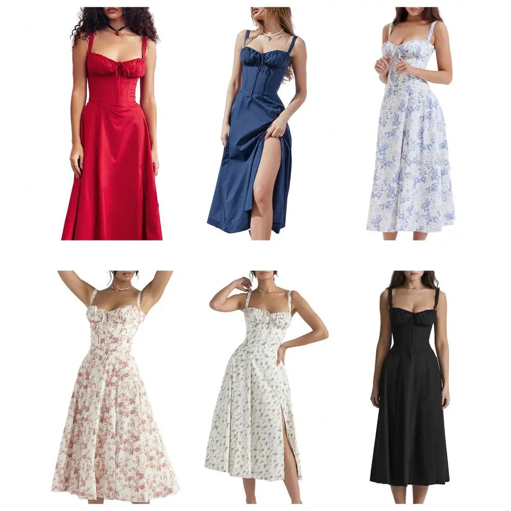 Comfortable Midi Dress for Women Sleeveless Party Dress Elegant Lace-up Bandeau Dress with Corset Design Side Split Hem Women's Badiee Stylez