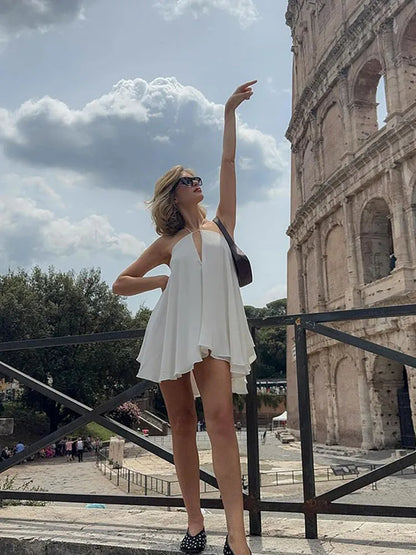 Women Sexy Halter Layered Ruffles Mini Dress Fashion Off Shoulder Backless A Line Vestidos Spring Summer Chic Lady Short Dresses