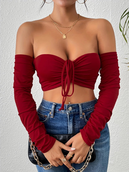 Sexy Ruched Crop T-Shirt - Off Shoulder, Long Sleeve, Drawstring Front, Flattering Fit, Clubwear, Night Out, Womens Fashion Clot Claret