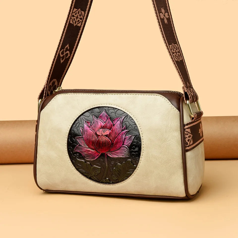 Three Layers Women Handbag Soft Leather Shoulder Crossbody Bags for Women Flower Print Ladies Messenger Bag with WIde Strap