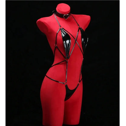 Anime Cosplay Girls Halter Leather Swimsuit Cross Straps Bandage Jumpsuit Bodysuit Lingerie Costumes Hollow Out Pajamas