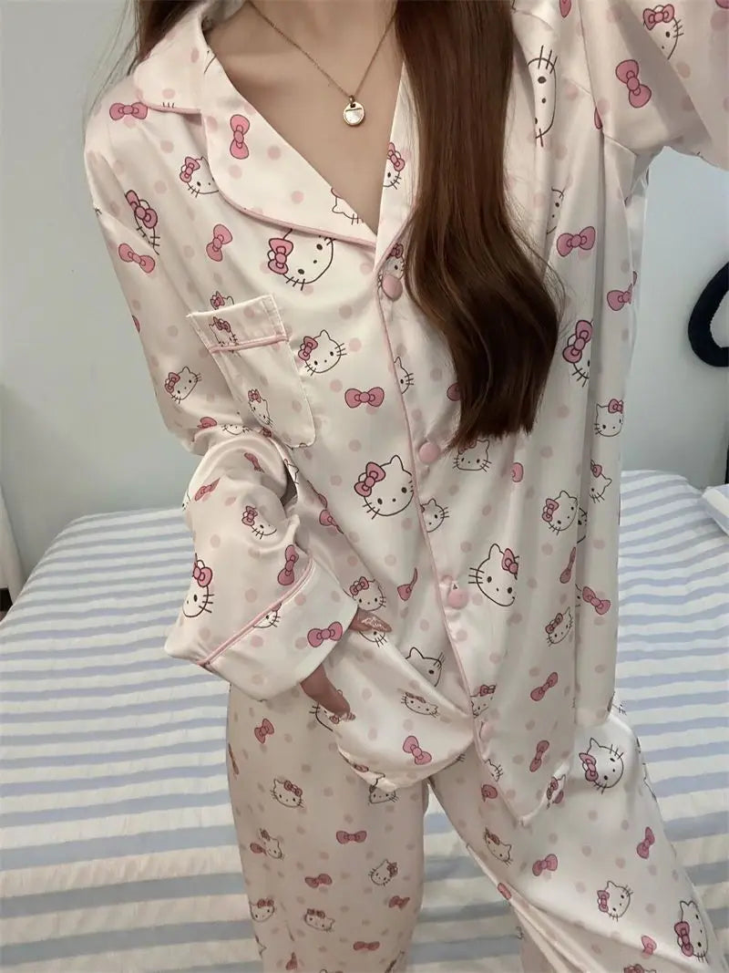 Hello Kitty Women's Sweet Polka Dot Pajama Set - Spring/Fall Long Sleeve & Pants Loungewear, Cute Home & Outdoor Wear