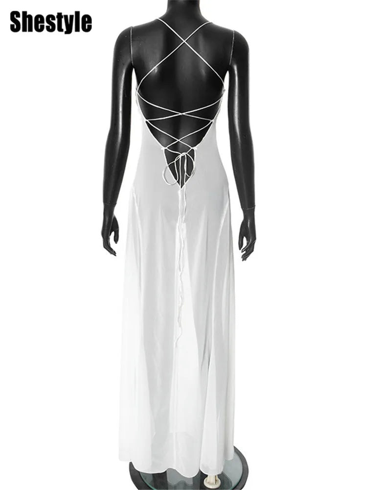 Shestyle 2025 Women Summer Outfits Beachwear Vacation Transparent Mermaid Dress Backless V Neck Spaghetti Strap Hollow Out