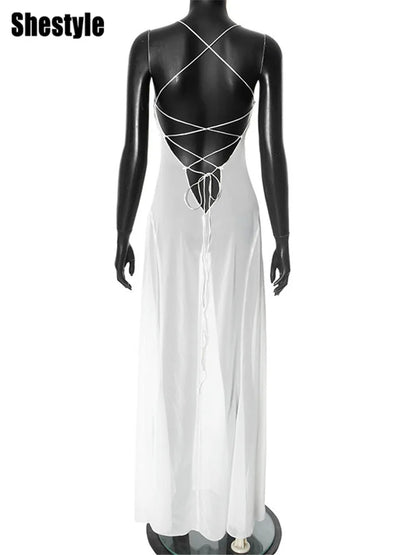 Shestyle 2025 Women Summer Outfits Beachwear Vacation Transparent Mermaid Dress Backless V Neck Spaghetti Strap Hollow Out