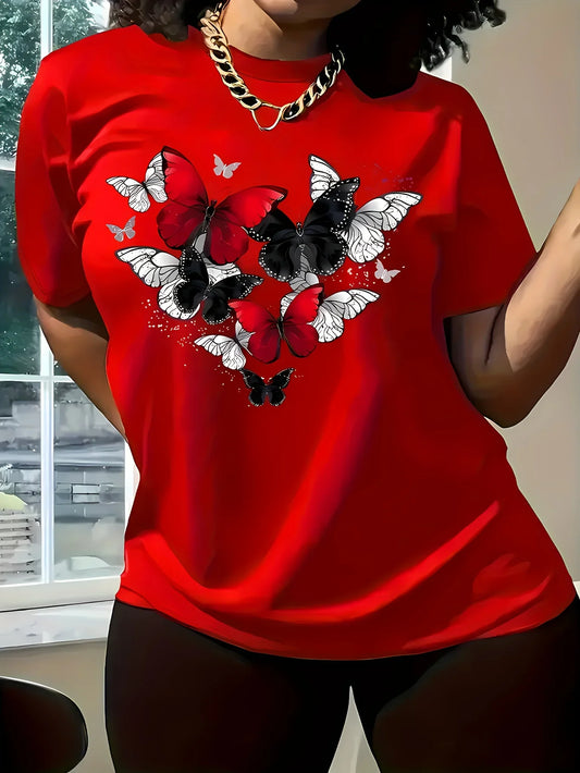 Women's Red Butterfly Heart Print T-Shirt Short Sleeve Round Neck Casual Top for Spring Summer & All-Season Wear Badiee Stylez