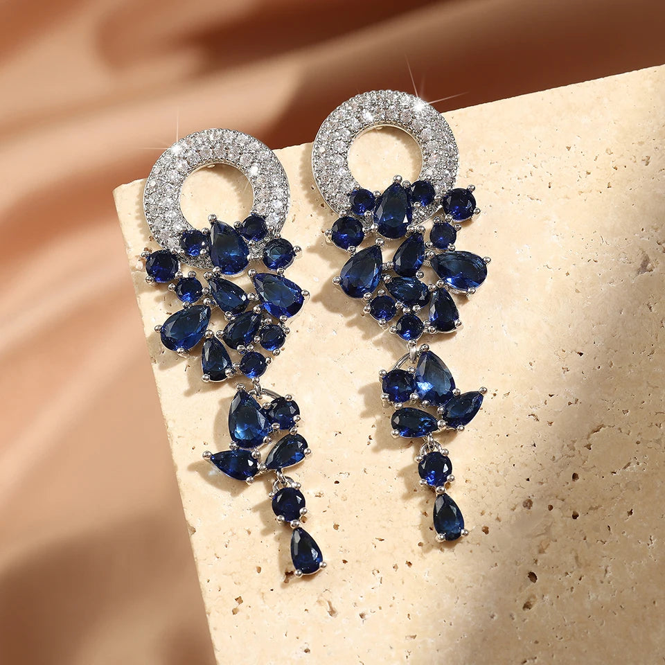 ZAKOL Vintage Sparkling Zircon Flower Dangle Earrings for Women Luxury Crystal CZ Bridal Long Earring Engagement Jewelry Gift Blue