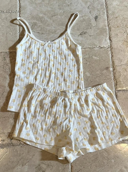 Blue Striped Tank Shorts Pajama Set Women Summer Sleeveless Crop Top+Elastic Waist Straight Short Pant Cotton Home 2 Piece Sets Duck set One Size