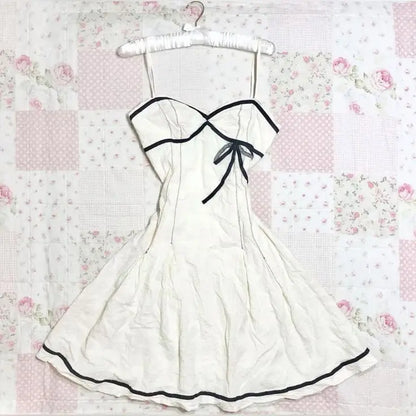 Sweet Korean Aesthetic Y2K Women Dress Classic Halter Bow Girl Tide Cute Sundress Casual Harajuku Vintage Slim Chic Frock Mini White 5