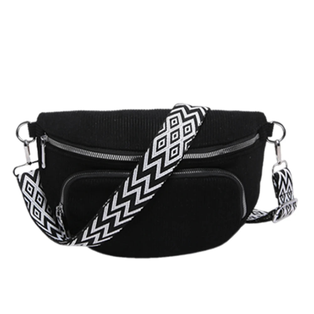 Corduroy Chest Bag Fashion Fanny Pack Wide Guitar Strap Casual Waist Bag Multi-pockets Hobo Sling Bag Outdoor Travel Bag