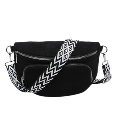 Corduroy Chest Bag Fashion Fanny Pack Wide Guitar Strap Casual Waist Bag Multi-pockets Hobo Sling Bag Outdoor Travel Bag