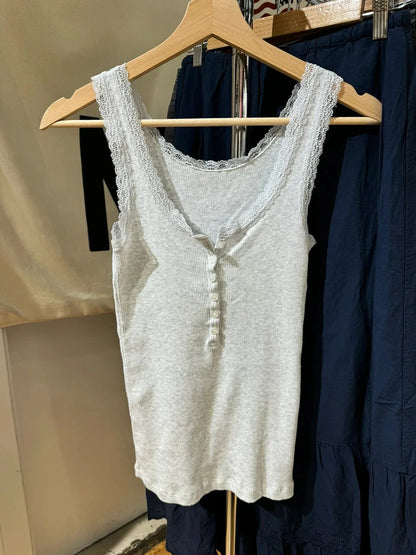 Lace Trim Solid Ribbed Tank Top for Woman Spring Buttons U Collar Sleeveless Slim Camis Simple Cotton Basic Vest Sweet Y2k Tops