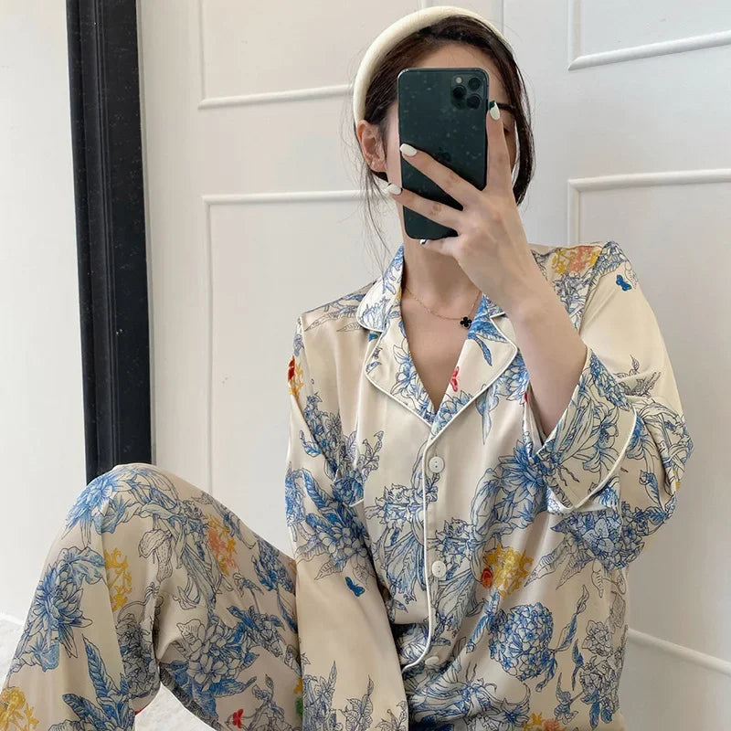 Korean Style Women's Two-piece Pajamas Sets Fashion Flower Print Faux Silk Satin Sleepwear Female Long Sleeve Pants Housewear 9
