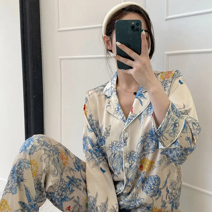Korean Style Women's Two-piece Pajamas Sets Fashion Flower Print Faux Silk Satin Sleepwear Female Long Sleeve Pants Housewear 9
