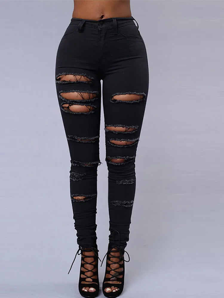 Fashion Stretchy Ripped Skinny Black Jeans Women Zipper Hollow Out Denim Jeans Casual Lady Street Bottoms