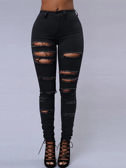 Fashion Stretchy Ripped Skinny Black Jeans Women Zipper Hollow Out Denim Jeans Casual Lady Street Bottoms