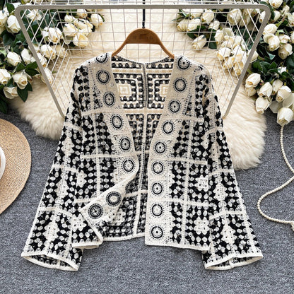 SINGREINY Vintage Boho Loose Plaid Cardigans Female Long Sleeves Hook Flower Hollow Tops 2025 Vacation Sunscreen Casual Shirt Badiee Stylez