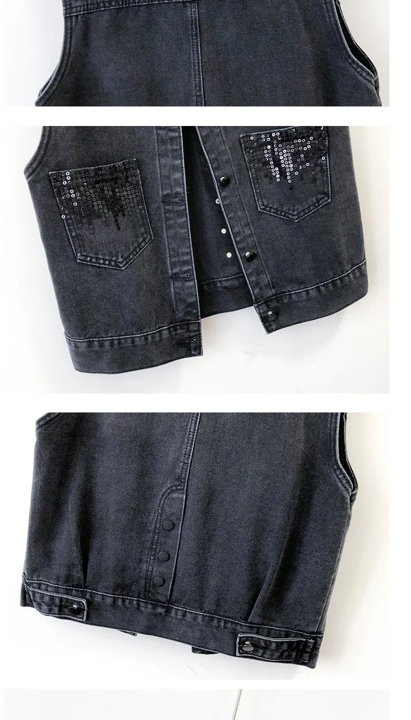 2024 Fashion Design Sequins Denim Vest Summer Autumn Women's Waistcoat Korean Leeveless Denim Jeans Jacket Female Vest Tops