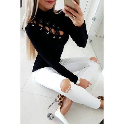 Women Shirt Fashion Sexy High Pure Color Leaky Blouse Under Shirts Long Sleeve Slim Fit Hollow Out Female Clothes High Elastic