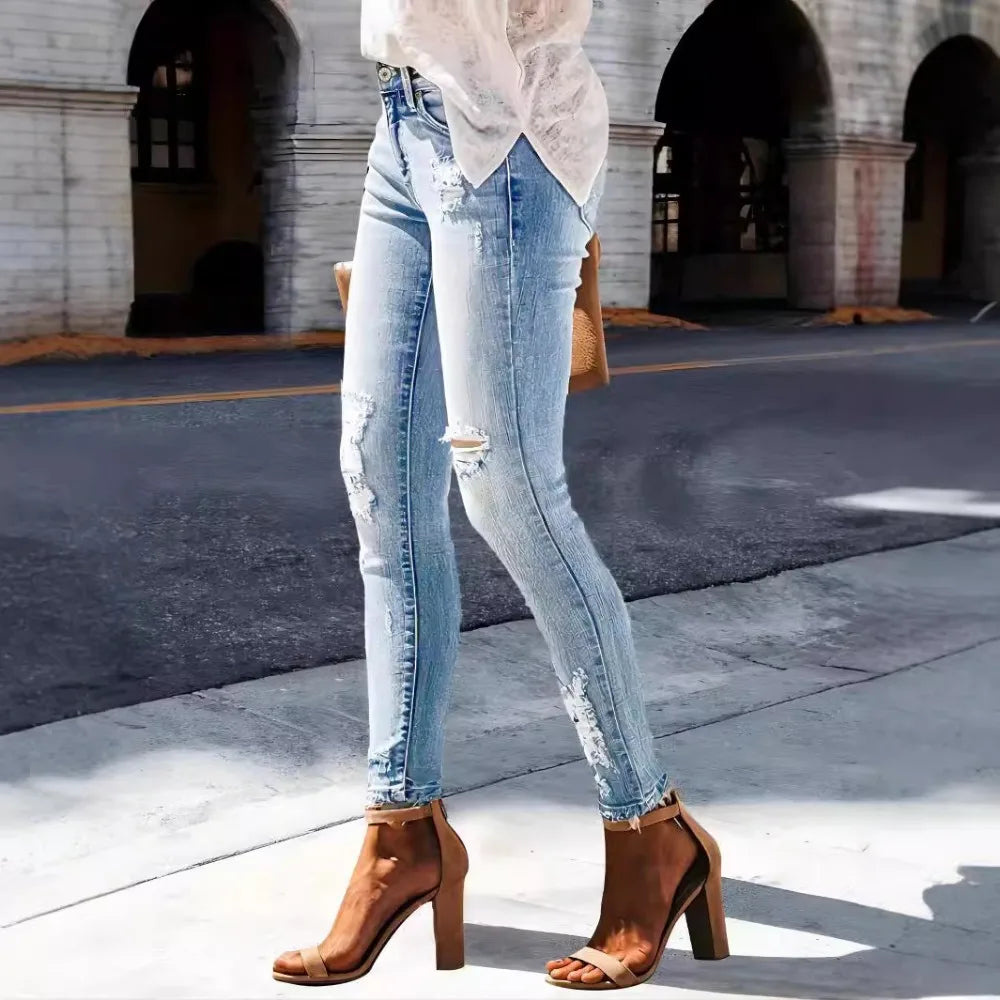 Hole Jeans Women Straight Pants Strecth High Strecth 2025 Streetwear Denims Washed Distressed Pockets Vintage Ripped Trousers