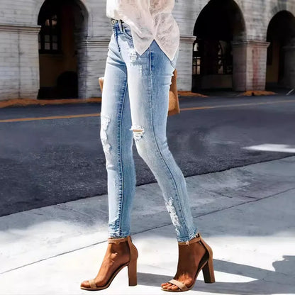 Hole Jeans Women Straight Pants Strecth High Strecth 2025 Streetwear Denims Washed Distressed Pockets Vintage Ripped Trousers