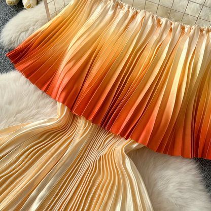 SINGREINY 2025 Gradient Party Long Dress Female Off Shoulder Elastic Waist A Line Sundress Vacation Luxury Pleated Maxi Dresses