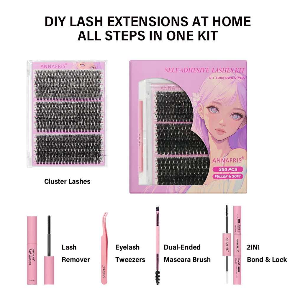 ANNAFRIS 300Pcs DIY Cluster Lash Extension Kit Color individual Lashes Kit with Lash Bond&Seal Remover Tweezers
