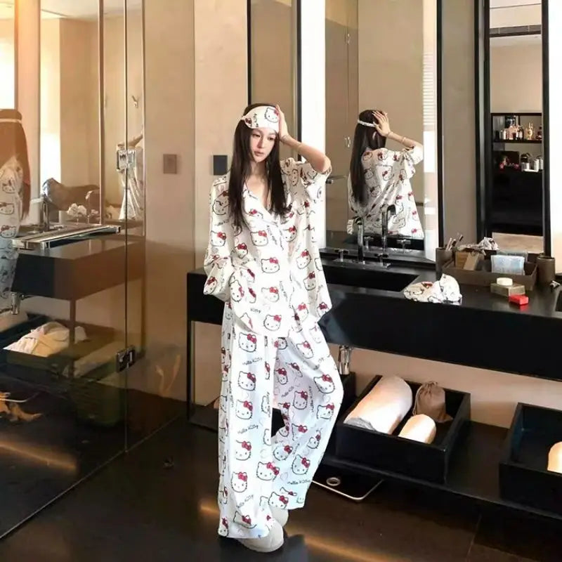 Hello Kitty Pajama Set Cute Cartoon Long Sleeve Sleep Clothing Sanrio Home/Outdoor Loungewear Pajamas Birthday Gift