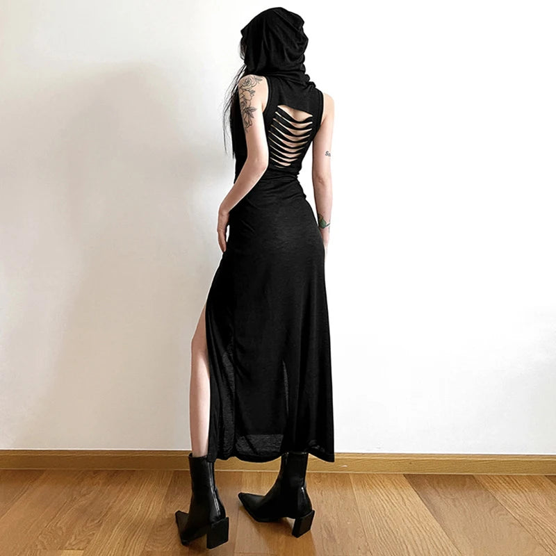 Xingqing Grunge Dress y2k Women Clothes Solid Color Sleeveless Hollow Out Back Slit Hooded Dress 2000s Halloween Party Dresses