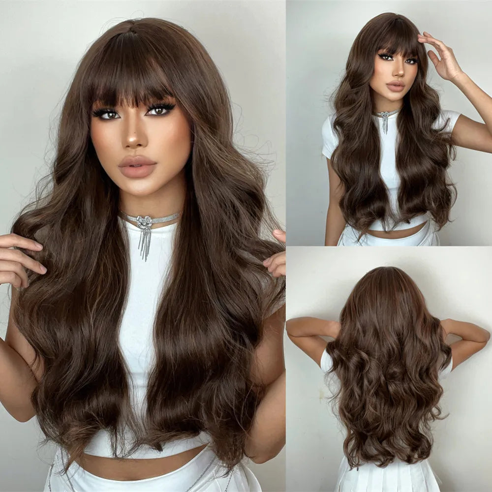 Blonde synthetic wig with straight bangs Ladies Cosplay wig High temperature silk wig set with big waves and long curly hair 412-131-dark brown