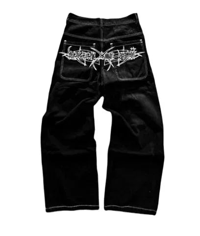 Gothic American Retro Cross Embroidered Wash Loose Black Denim Trousers Y2k New Popular Harajuku Hip-hop Rock Couple Streetwear 5