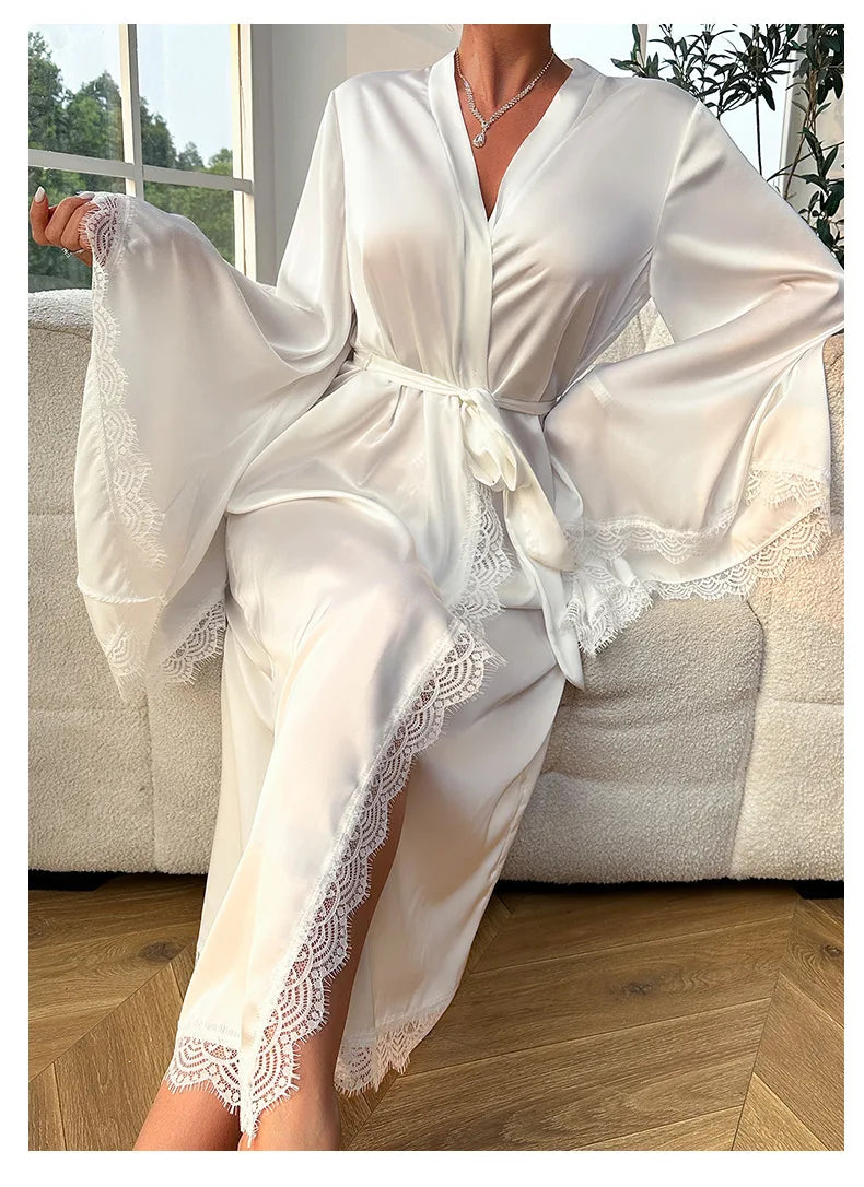 Long Bride Wedding Robe Women Elegant Sleepwear Big Sleeve Lace Full Slip Kimono Loungewear Soft White Rayon Home Dressing Gown