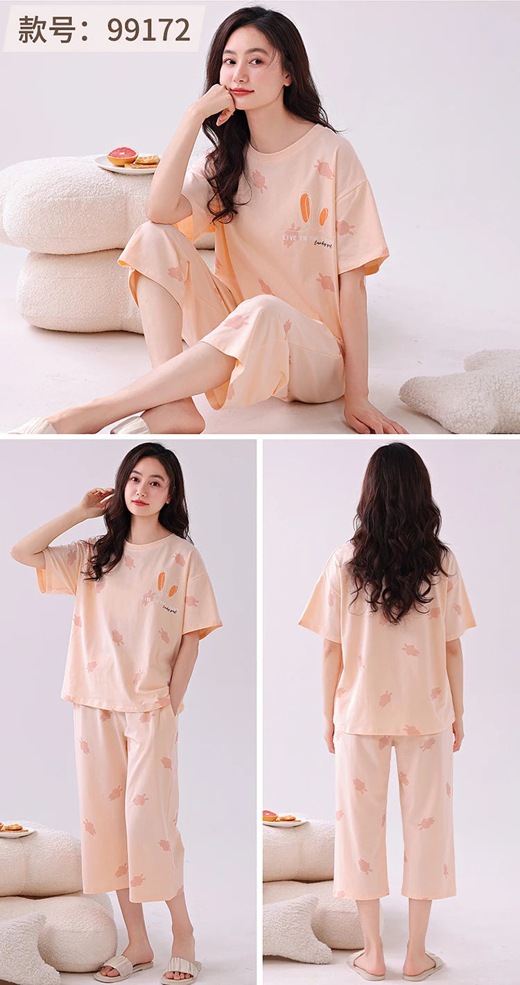 Newest Summer Casual Pajamas Set Women 100% Cotton Sleepwear Female Short Top+Calf-Length Pant Pyjamas