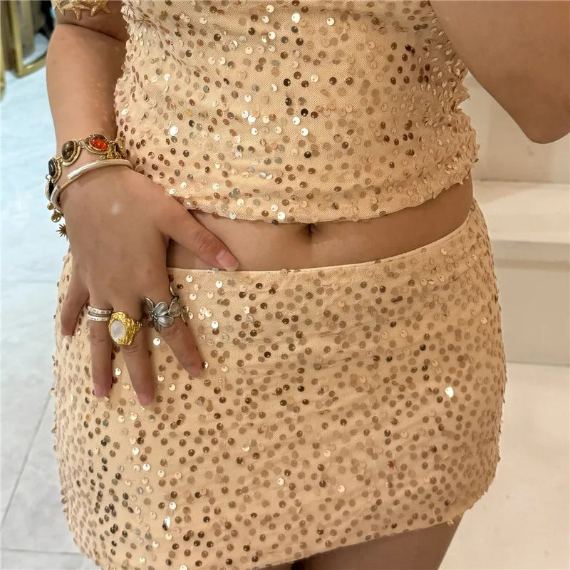 hirigin Women Y2K Sparkly Sequin Mini Skirt Side Tie-up Low Waist Pencil Skirt Glitter Festival Rave Short Skirts Party Clubwear T