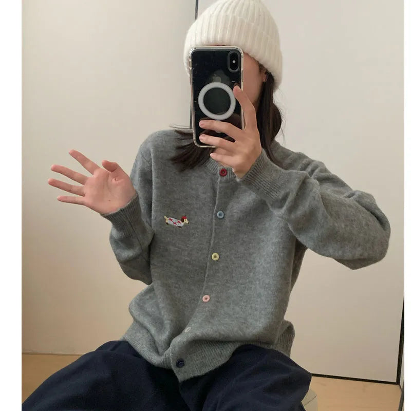 Women Knitwear Chic Embroidery Loose Casual Cardigan Autumn Winter Soft Elegant O-neck Sweaters Commute Basic Knitted Tops GRAY